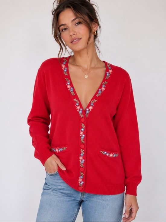 Talbots Sweaters - Red Floral Cardigan | Cottagecore Embroidery Ramie Cotton Knit Grandma Core